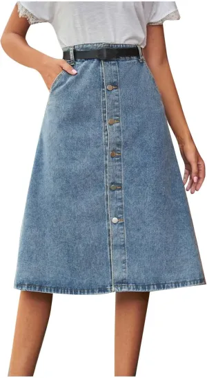 Denim A Line Skirt for Women High Waist Button Front Jean Midi Skirt Vintage Casual Outfits