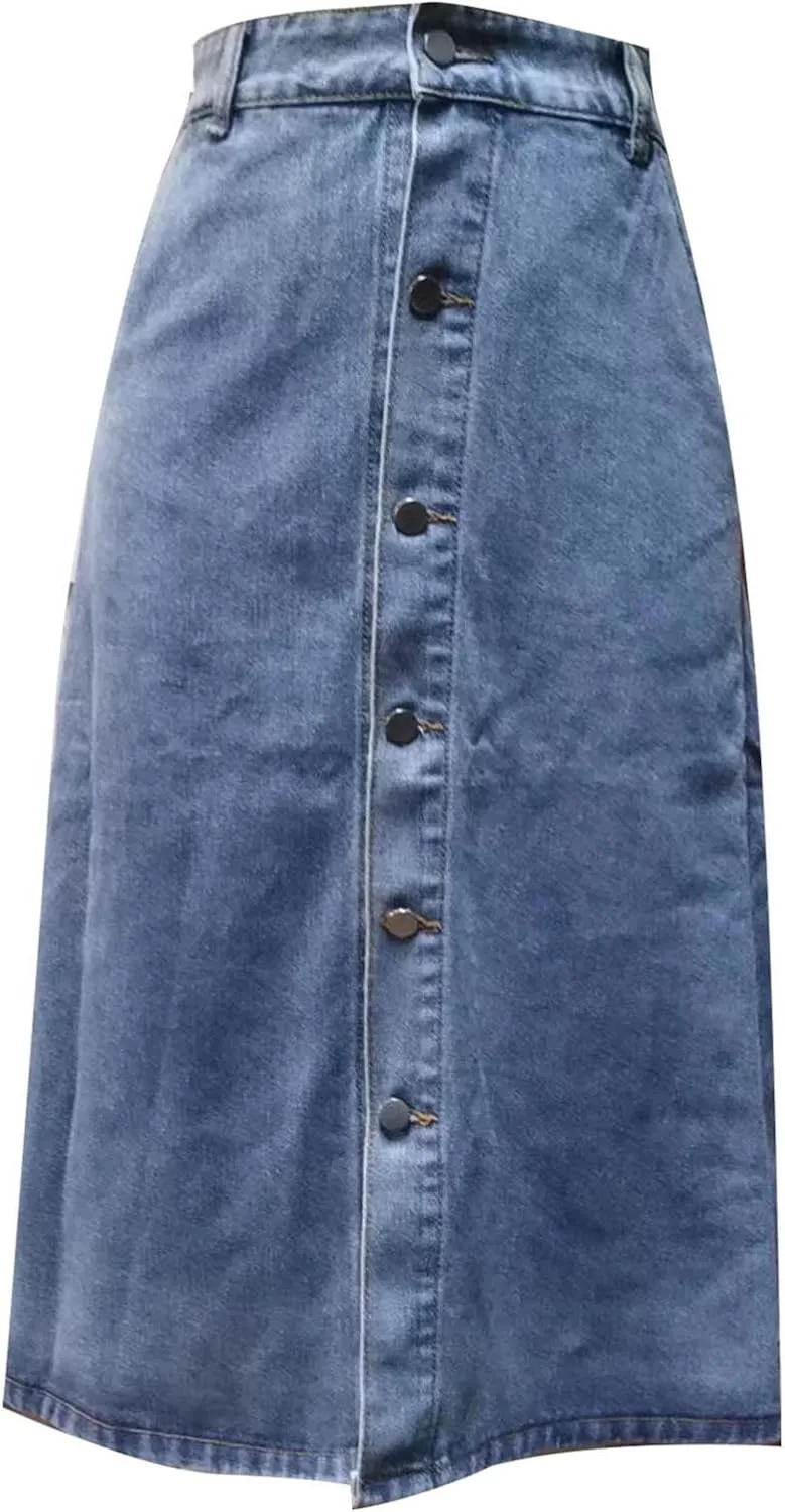 Denim A Line Skirt for Women High Waist Button Front Jean Midi Skirt Vintage Casual Outfits