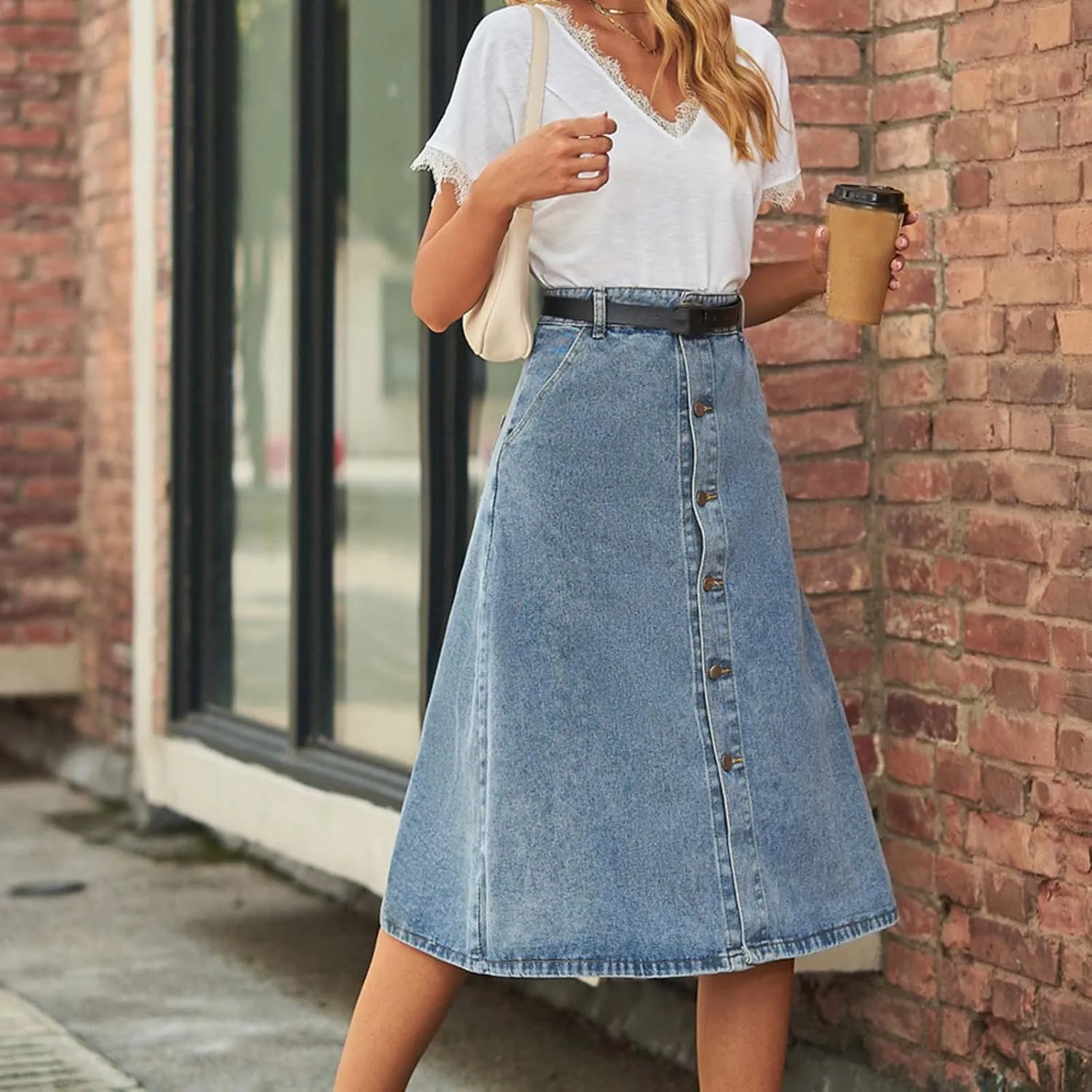 Denim A Line Skirt for Women High Waist Button Front Jean Midi Skirt Vintage Casual Outfits