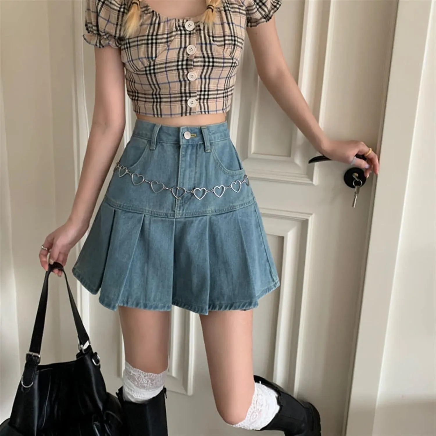 Denim Mini Skirt Women High Waist Pleated Skirt Blue Fashion Clothing (Color : Blue, Size : M)