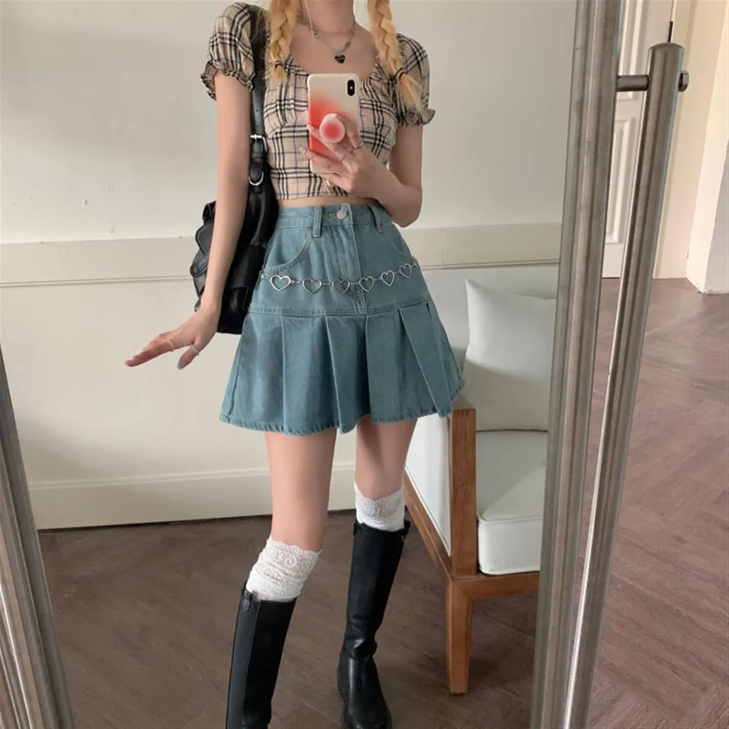 Denim Mini Skirt Women High Waist Pleated Skirt Blue Fashion Clothing (Color : Blue, Size : M)