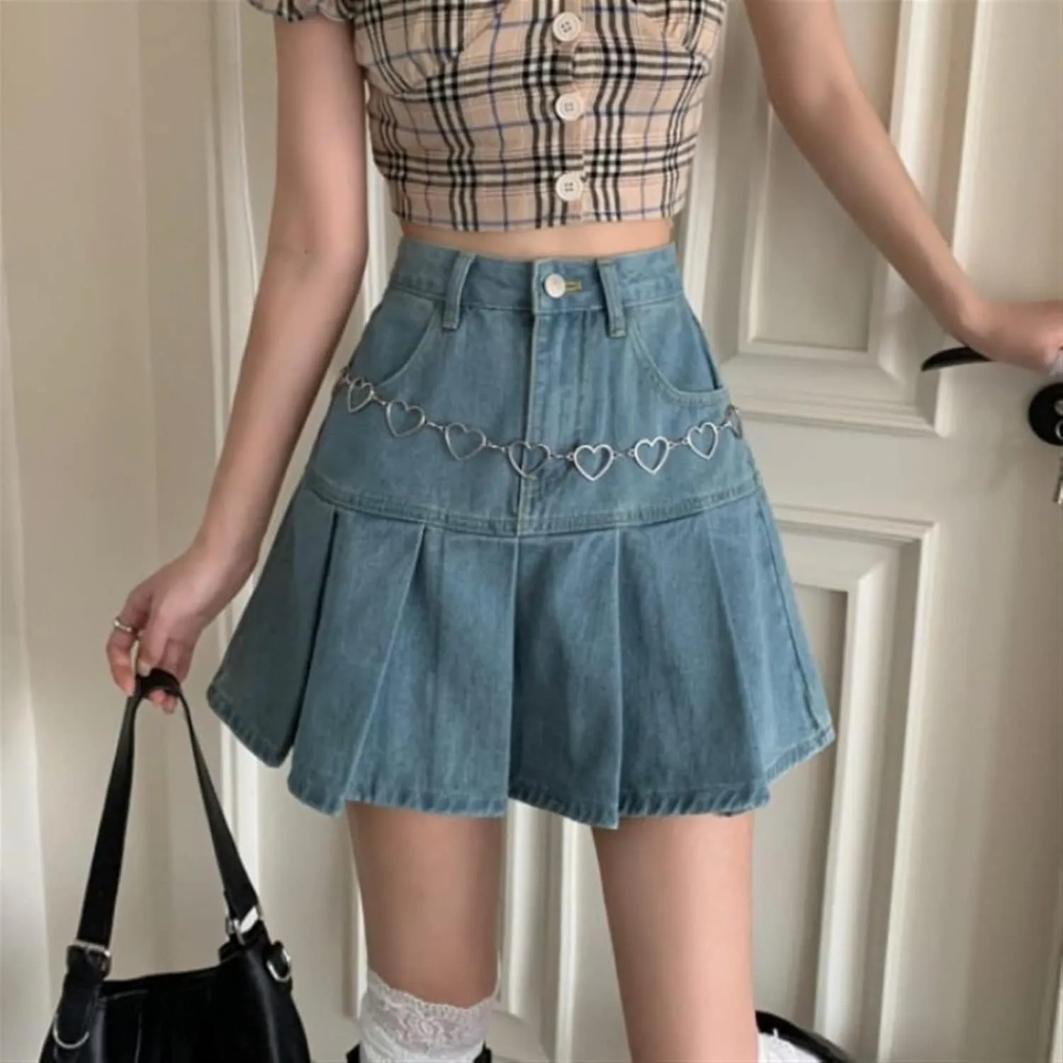 Denim Mini Skirt Women High Waist Pleated Skirt Blue Fashion Clothing (Color : Blue, Size : M)