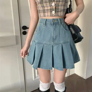 Denim Mini Skirt Women High Waist Pleated Skirt Blue Fashion Clothing (Color : Blue, Size : M)