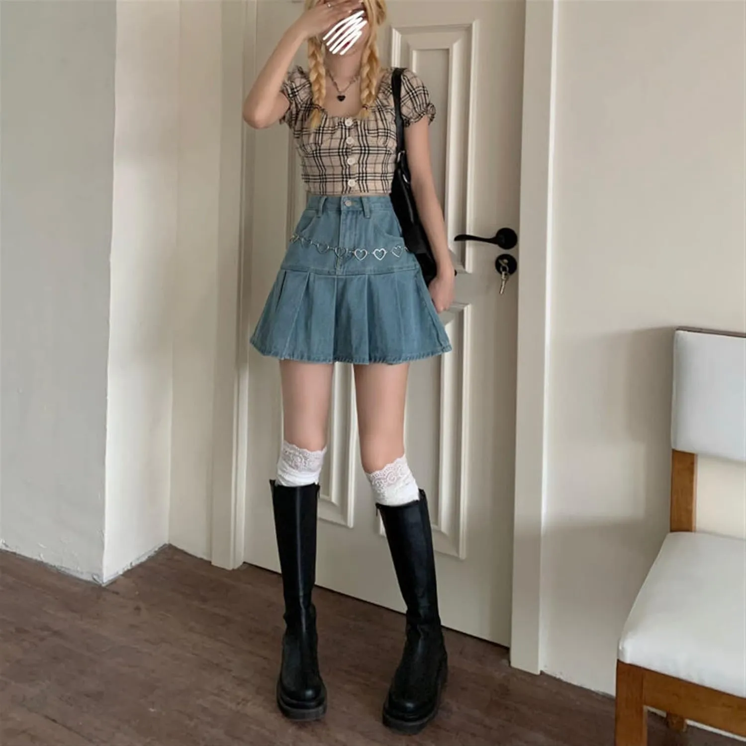 Denim Mini Skirt Women High Waist Pleated Skirt Blue Fashion Clothing (Color : Blue, Size : M)