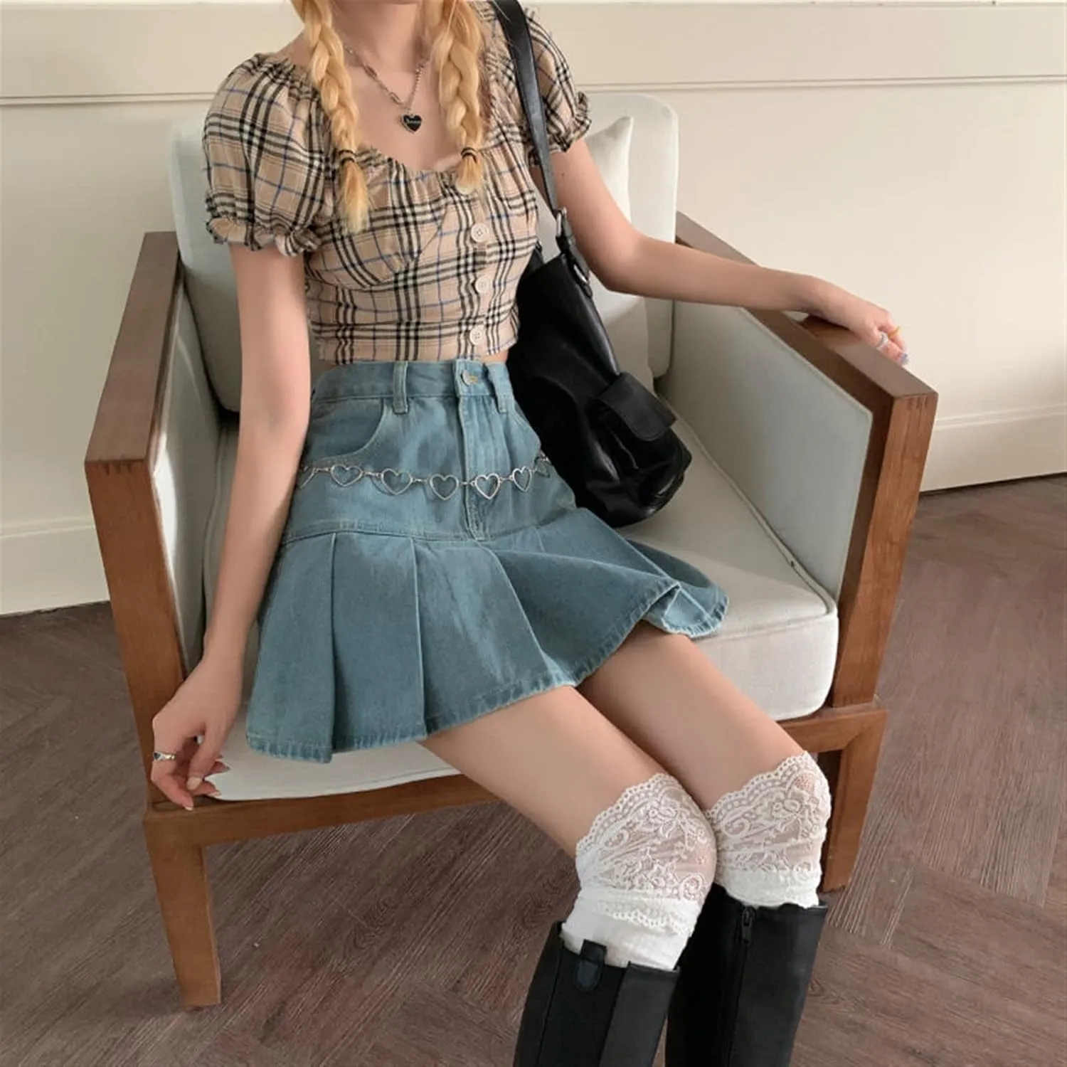 Denim Mini Skirt Women High Waist Pleated Skirt Blue Fashion Clothing (Color : Blue, Size : M)