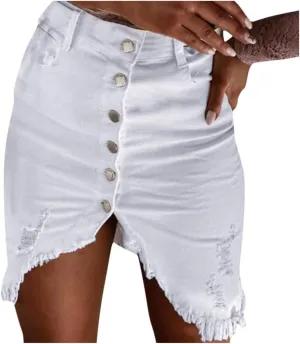 Denim Skirts Fashion Front Button Split Summer Skirt Open Design Women's Skirt Fitted Bed Skirt (White, M)