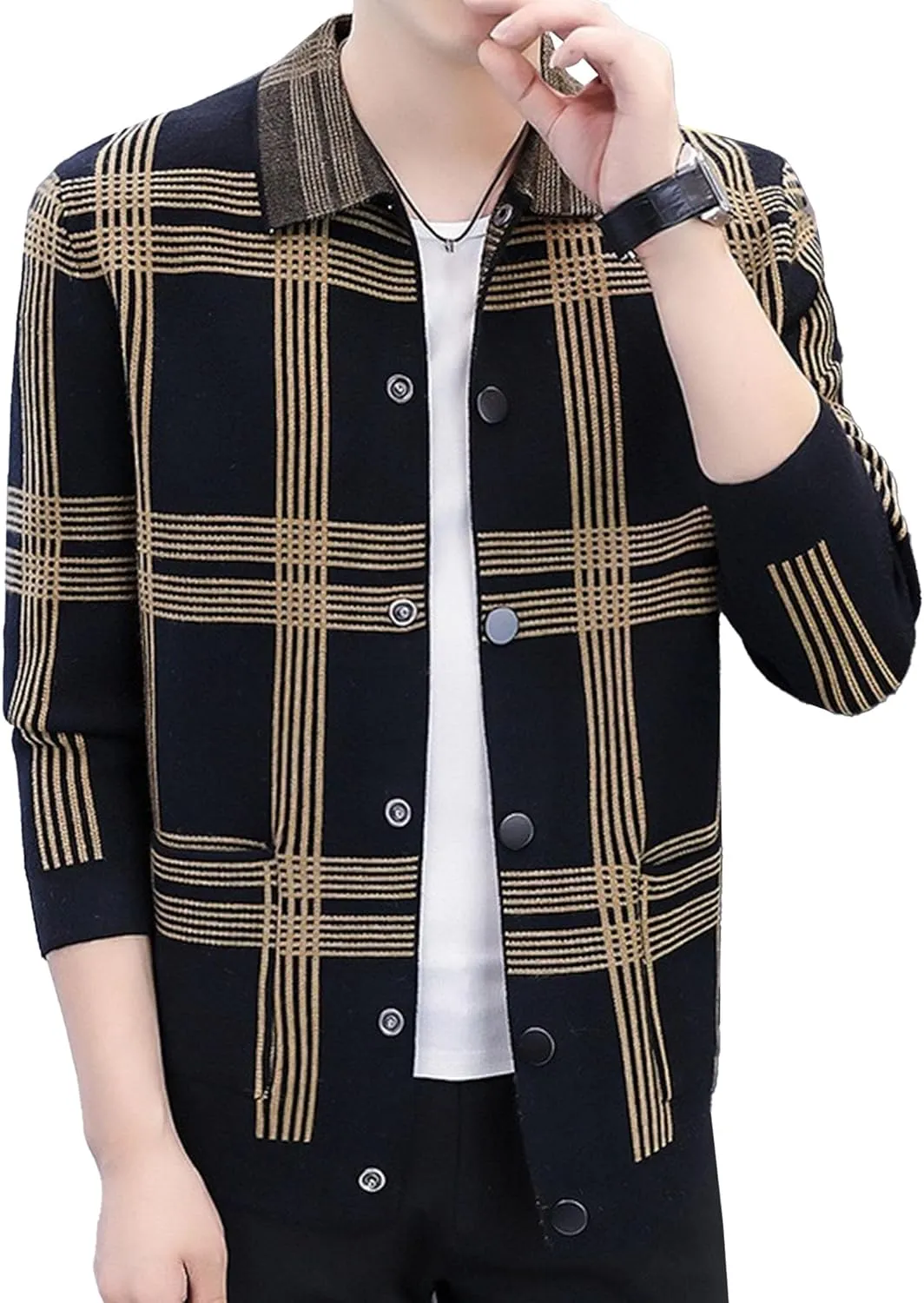 DGHM-JLMY Men's Fashion Plaid Knitted CardiganTrendy Joker Lapel Collar Cardigans Casual Button Down Ribbed Knit Coat