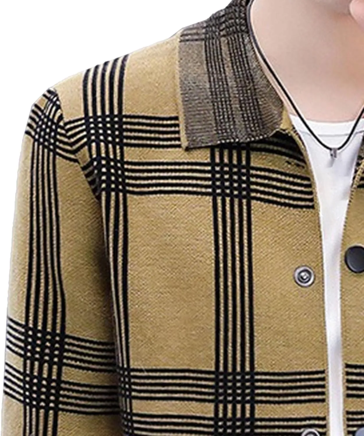 DGHM-JLMY Men's Fashion Plaid Knitted CardiganTrendy Joker Lapel Collar Cardigans Casual Button Down Ribbed Knit Coat