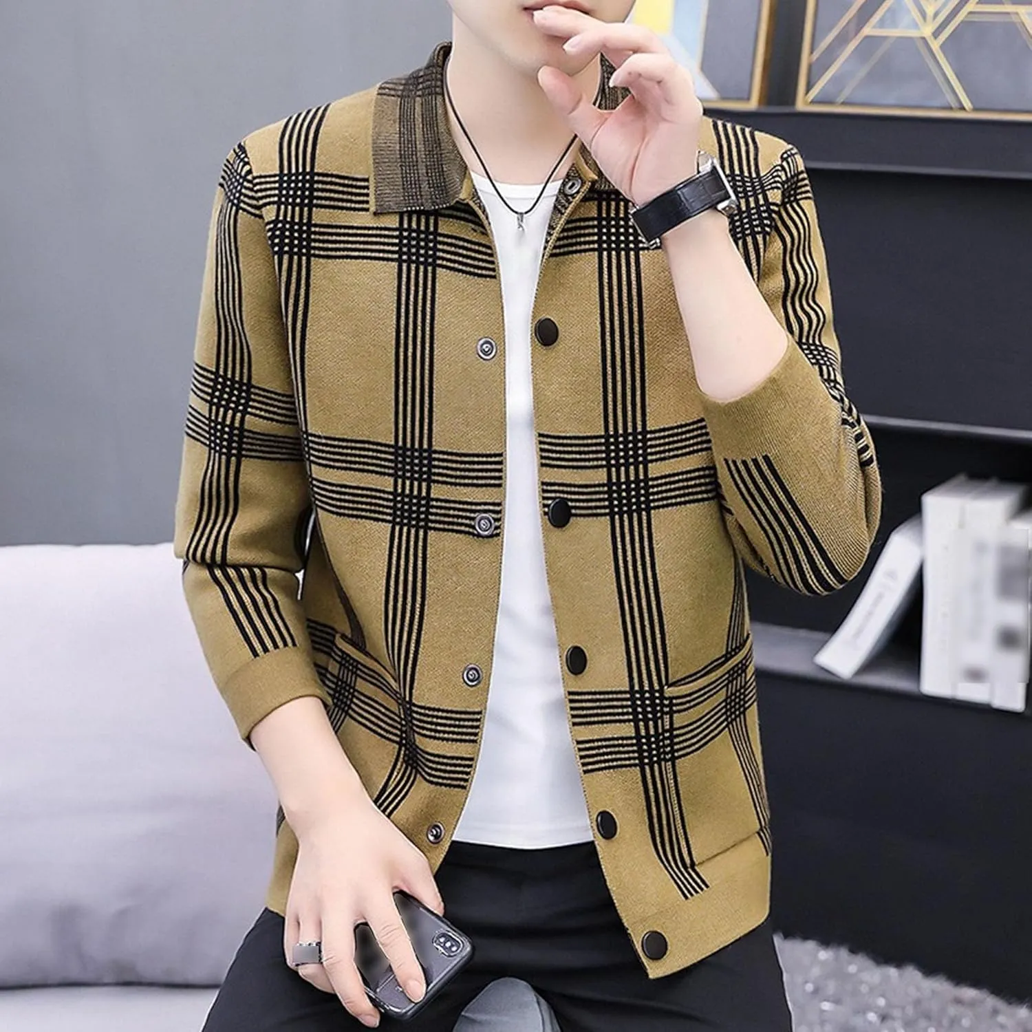 DGHM-JLMY Men's Fashion Plaid Knitted CardiganTrendy Joker Lapel Collar Cardigans Casual Button Down Ribbed Knit Coat