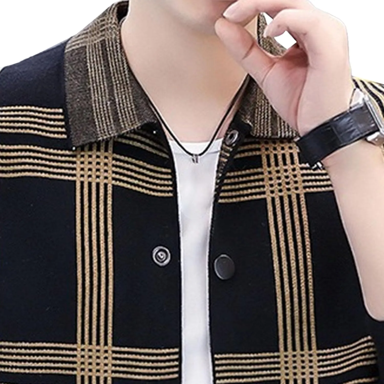 DGHM-JLMY Men's Fashion Plaid Knitted CardiganTrendy Joker Lapel Collar Cardigans Casual Button Down Ribbed Knit Coat