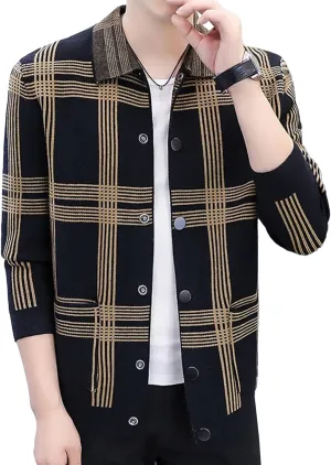 DGHM-JLMY Men's Fashion Plaid Knitted CardiganTrendy Joker Lapel Collar Cardigans Casual Button Down Ribbed Knit Coat