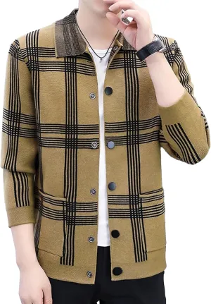 DGHM-JLMY Men's Fashion Plaid Knitted CardiganTrendy Joker Lapel Collar Cardigans Casual Button Down Ribbed Knit Coat