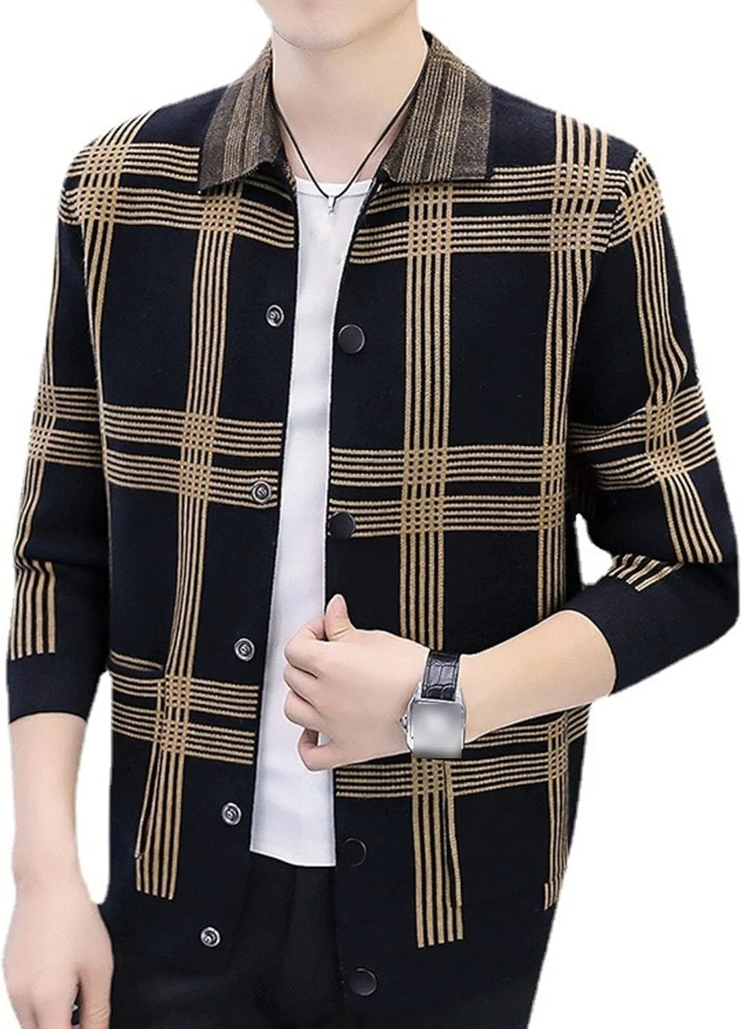 DGHM-JLMY Men's Fashion Plaid Knitted CardiganTrendy Joker Lapel Collar Cardigans Casual Button Down Ribbed Knit Coat