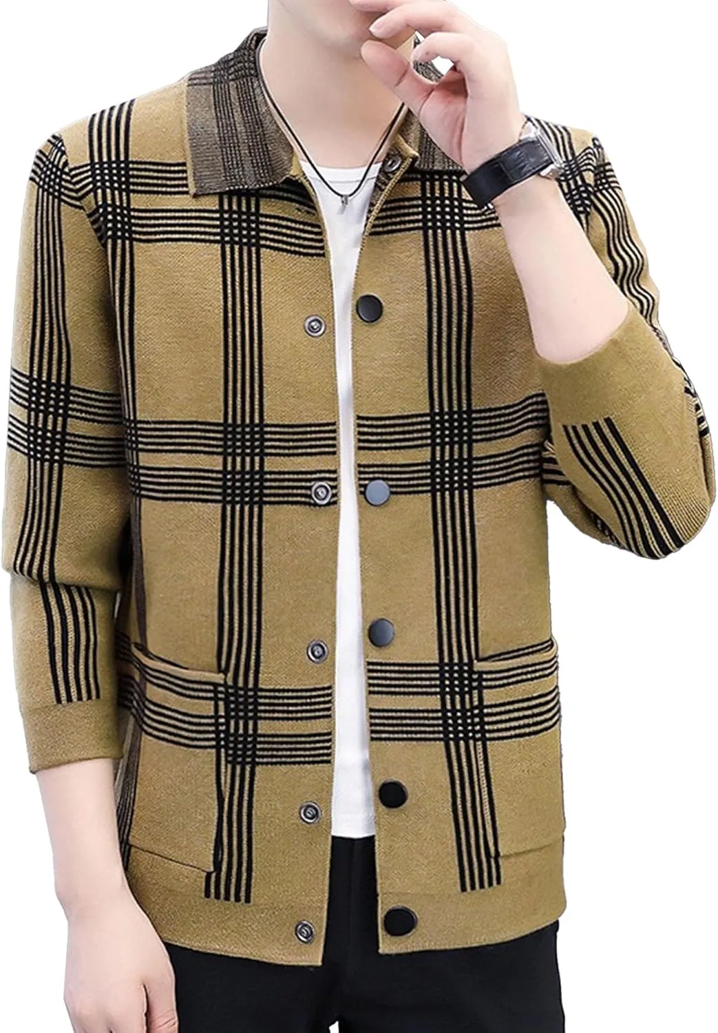 DGHM-JLMY Men's Fashion Plaid Knitted CardiganTrendy Joker Lapel Collar Cardigans Casual Button Down Ribbed Knit Coat