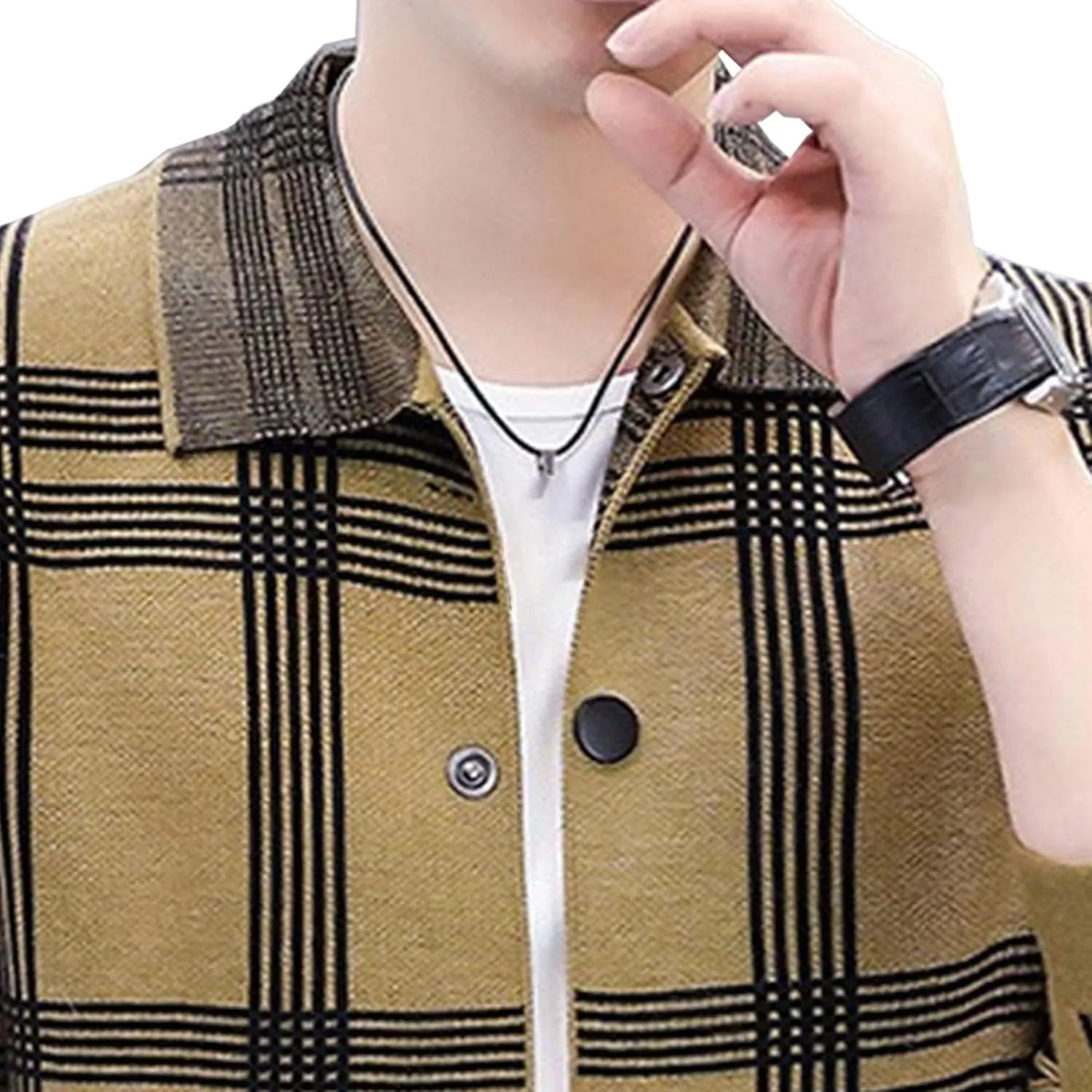 DGHM-JLMY Men's Fashion Plaid Knitted CardiganTrendy Joker Lapel Collar Cardigans Casual Button Down Ribbed Knit Coat