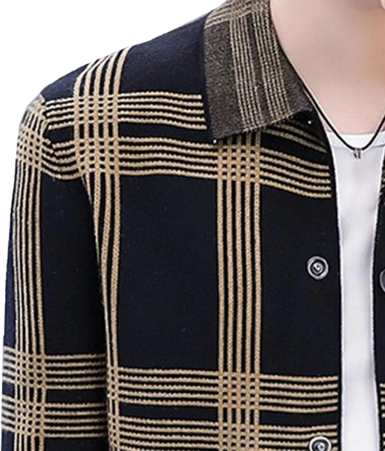 DGHM-JLMY Men's Fashion Plaid Knitted CardiganTrendy Joker Lapel Collar Cardigans Casual Button Down Ribbed Knit Coat