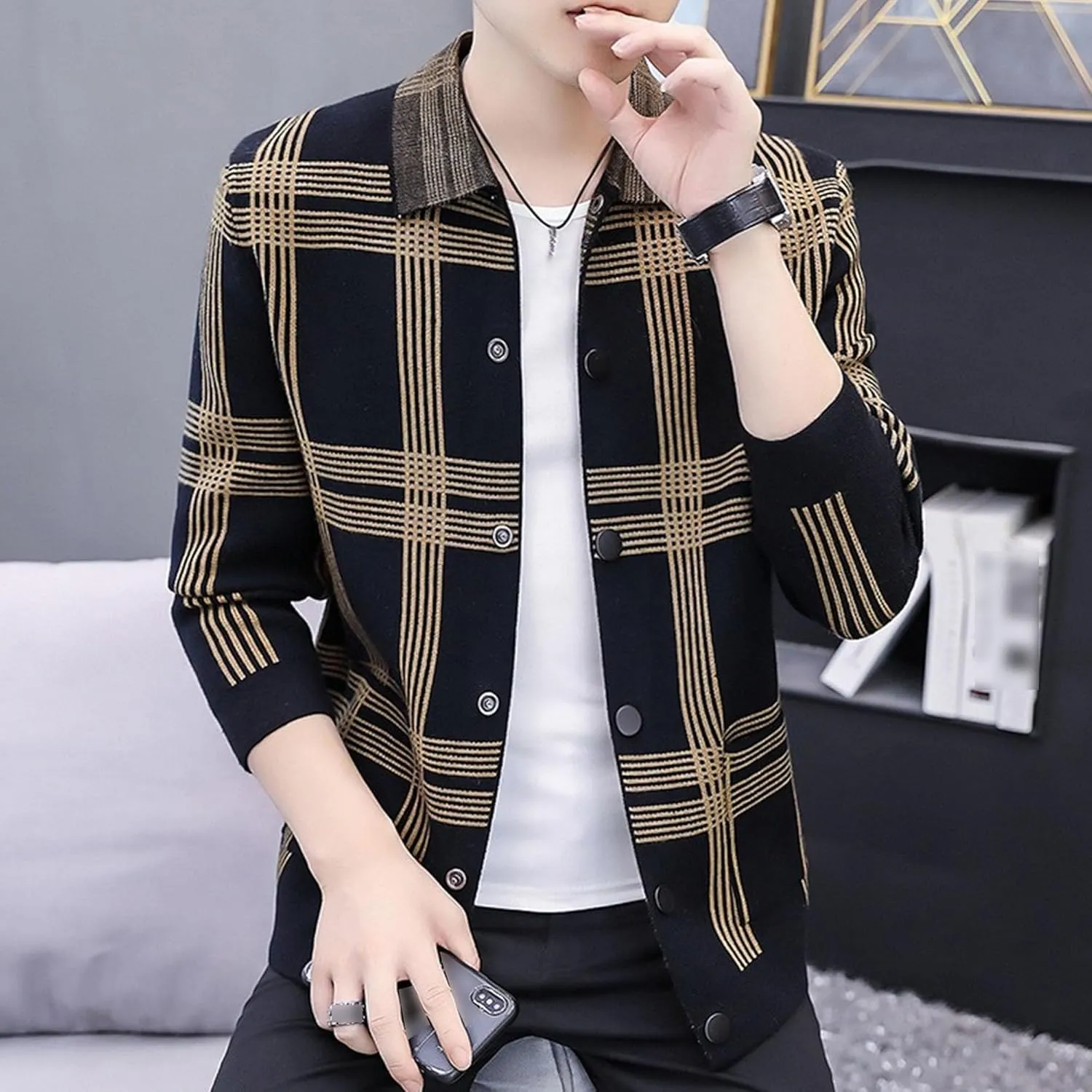 DGHM-JLMY Men's Fashion Plaid Knitted CardiganTrendy Joker Lapel Collar Cardigans Casual Button Down Ribbed Knit Coat