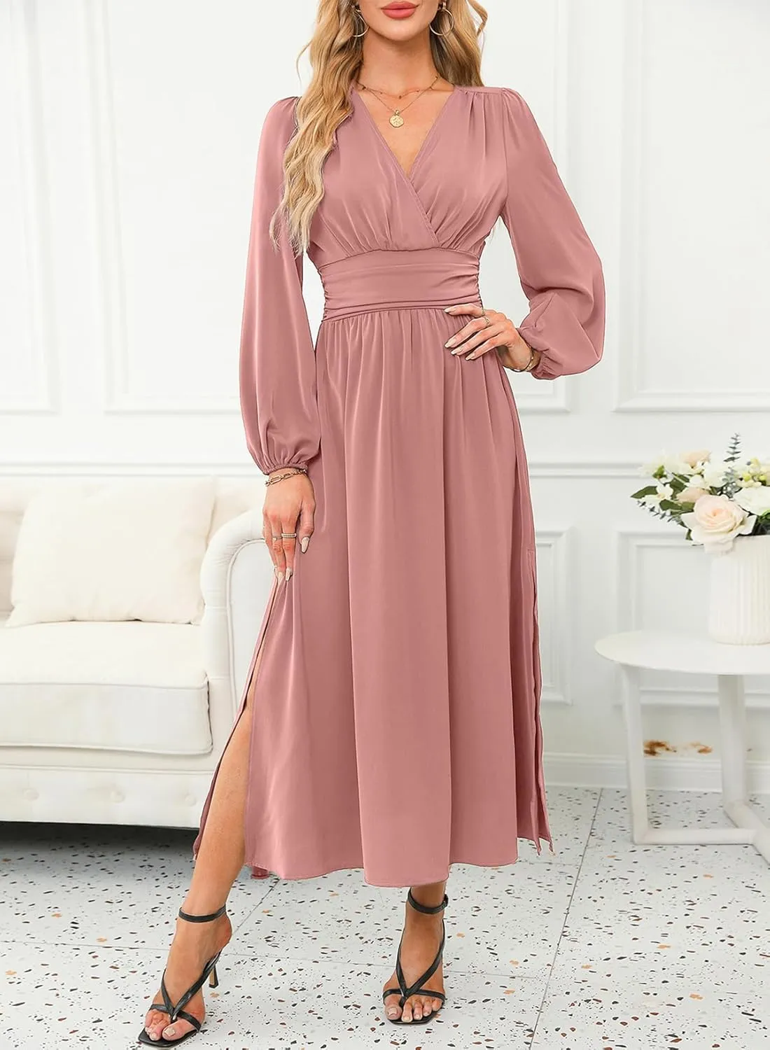 Dokotoo Womens Wrap V-Neck Empire Waist Dress Lantern Sleeve Ruched Side Slit Elegant Maxi Dress