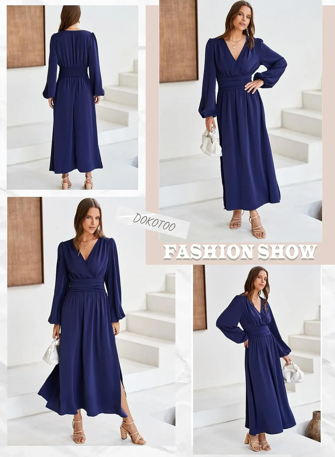Dokotoo Womens Wrap V-Neck Empire Waist Dress Lantern Sleeve Ruched Side Slit Elegant Maxi Dress