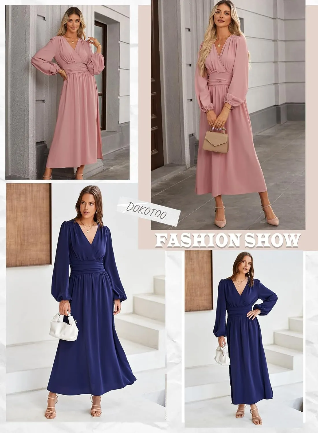 Dokotoo Womens Wrap V-Neck Empire Waist Dress Lantern Sleeve Ruched Side Slit Elegant Maxi Dress