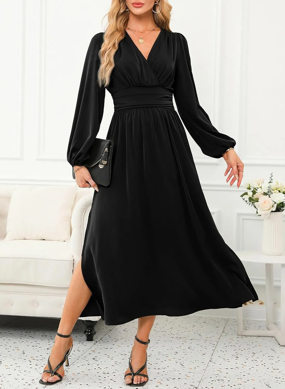 Dokotoo Womens Wrap V-Neck Empire Waist Dress Lantern Sleeve Ruched Side Slit Elegant Maxi Dress
