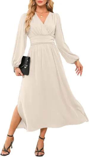 Dokotoo Womens Wrap V-Neck Empire Waist Dress Lantern Sleeve Ruched Side Slit Elegant Maxi Dress