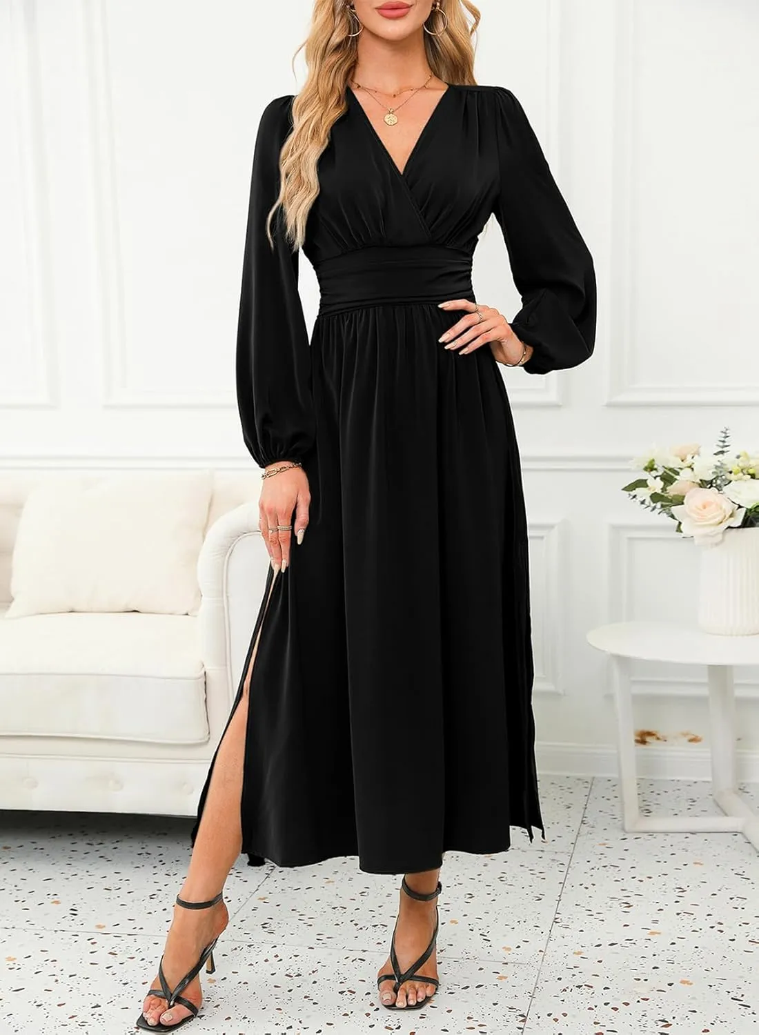 Dokotoo Womens Wrap V-Neck Empire Waist Dress Lantern Sleeve Ruched Side Slit Elegant Maxi Dress