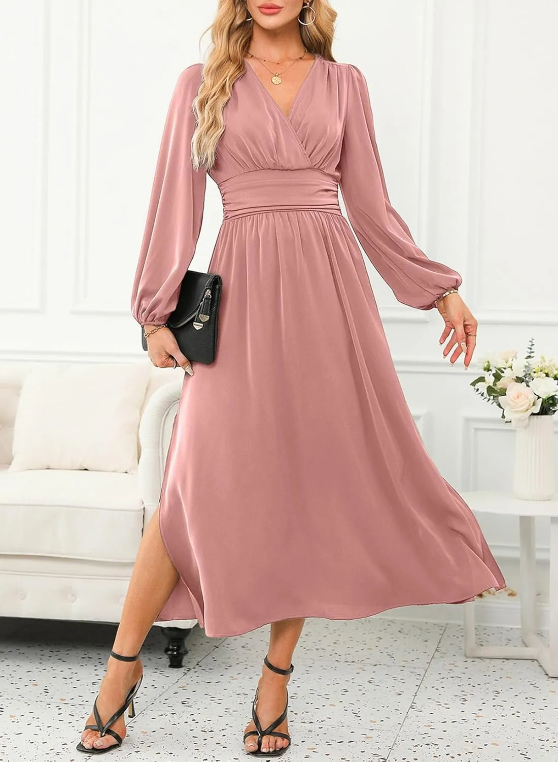 Dokotoo Womens Wrap V-Neck Empire Waist Dress Lantern Sleeve Ruched Side Slit Elegant Maxi Dress