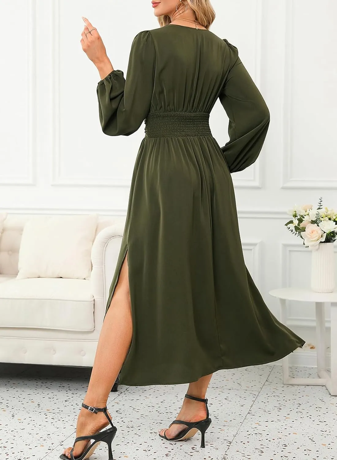 Dokotoo Womens Wrap V-Neck Empire Waist Dress Lantern Sleeve Ruched Side Slit Elegant Maxi Dress