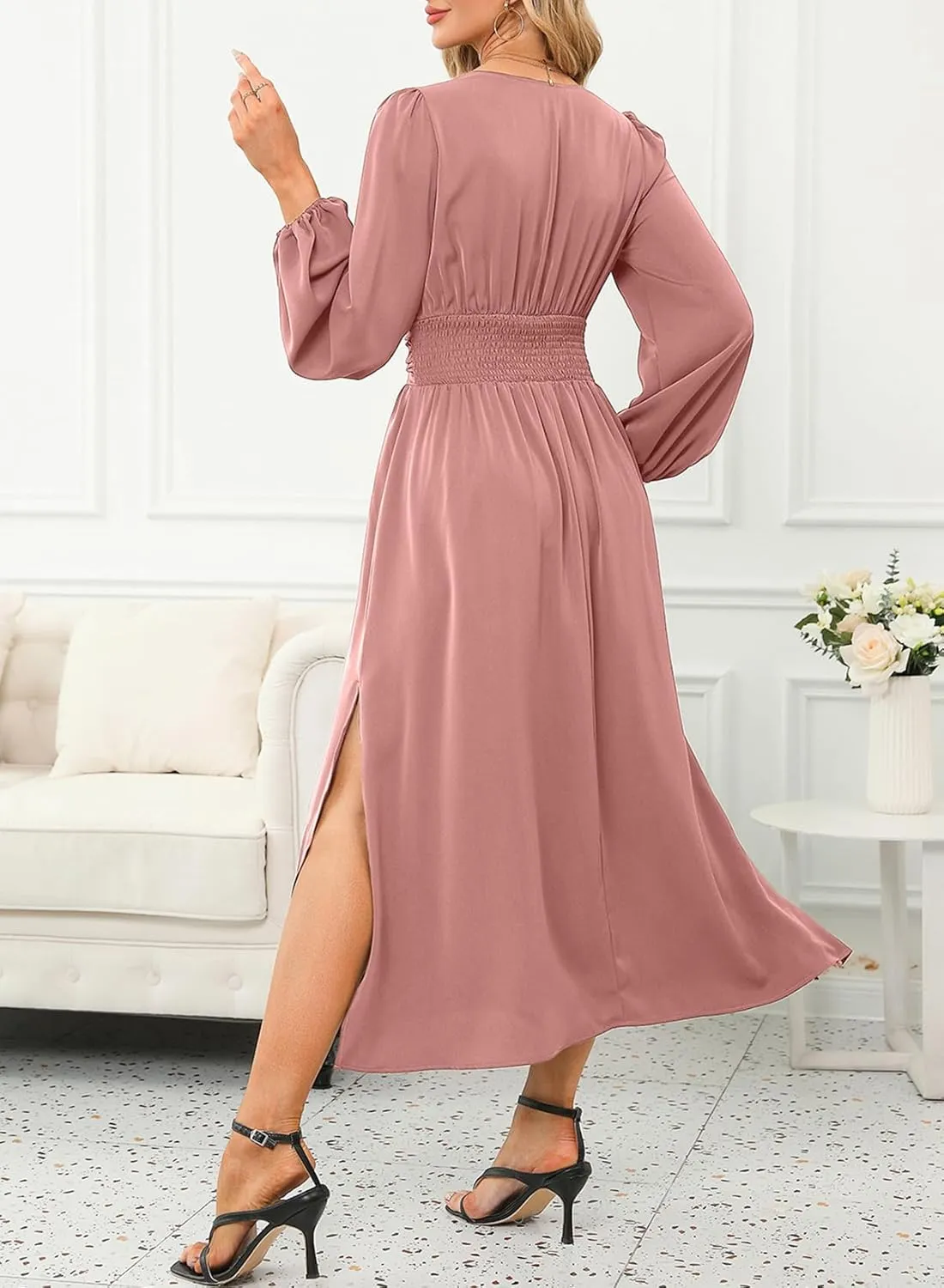 Dokotoo Womens Wrap V-Neck Empire Waist Dress Lantern Sleeve Ruched Side Slit Elegant Maxi Dress