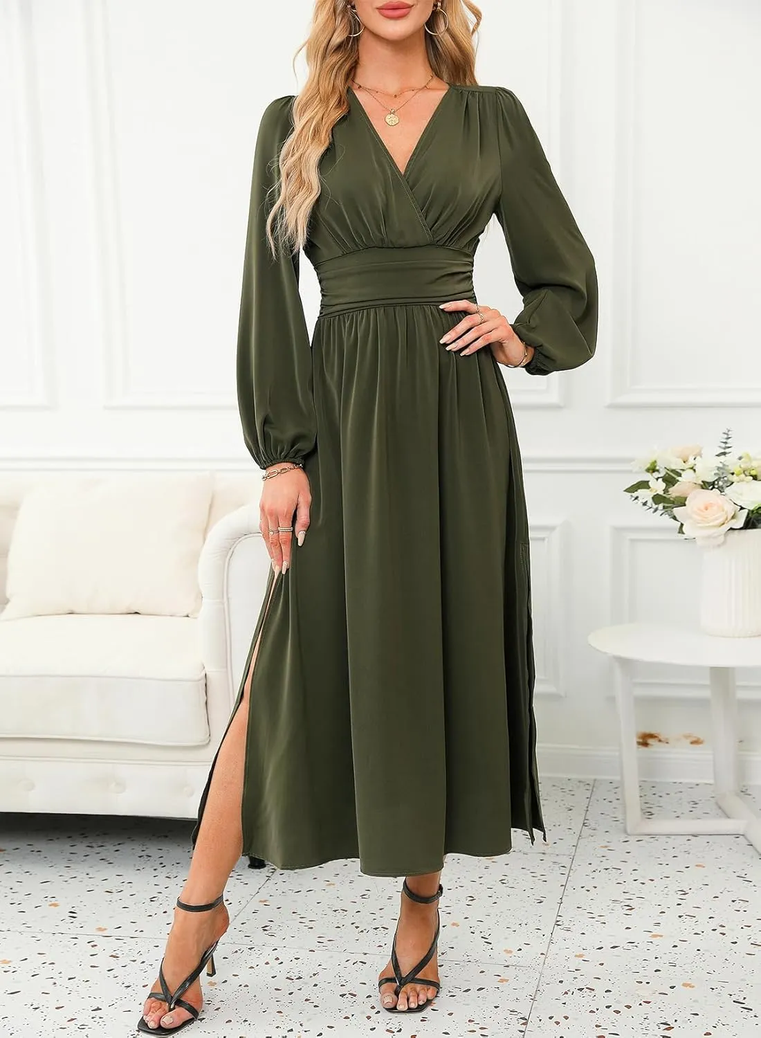 Dokotoo Womens Wrap V-Neck Empire Waist Dress Lantern Sleeve Ruched Side Slit Elegant Maxi Dress