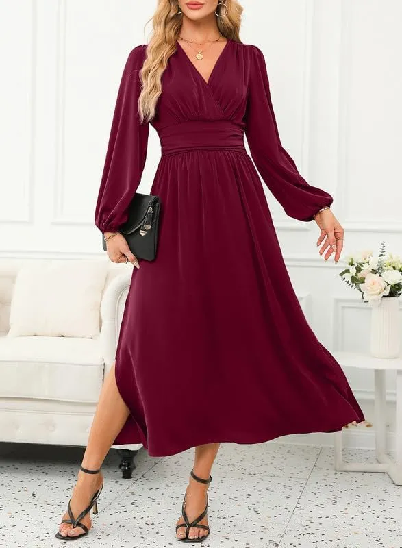 Dokotoo Womens Wrap V-Neck Empire Waist Dress Lantern Sleeve Ruched Side Slit Elegant Maxi Dress