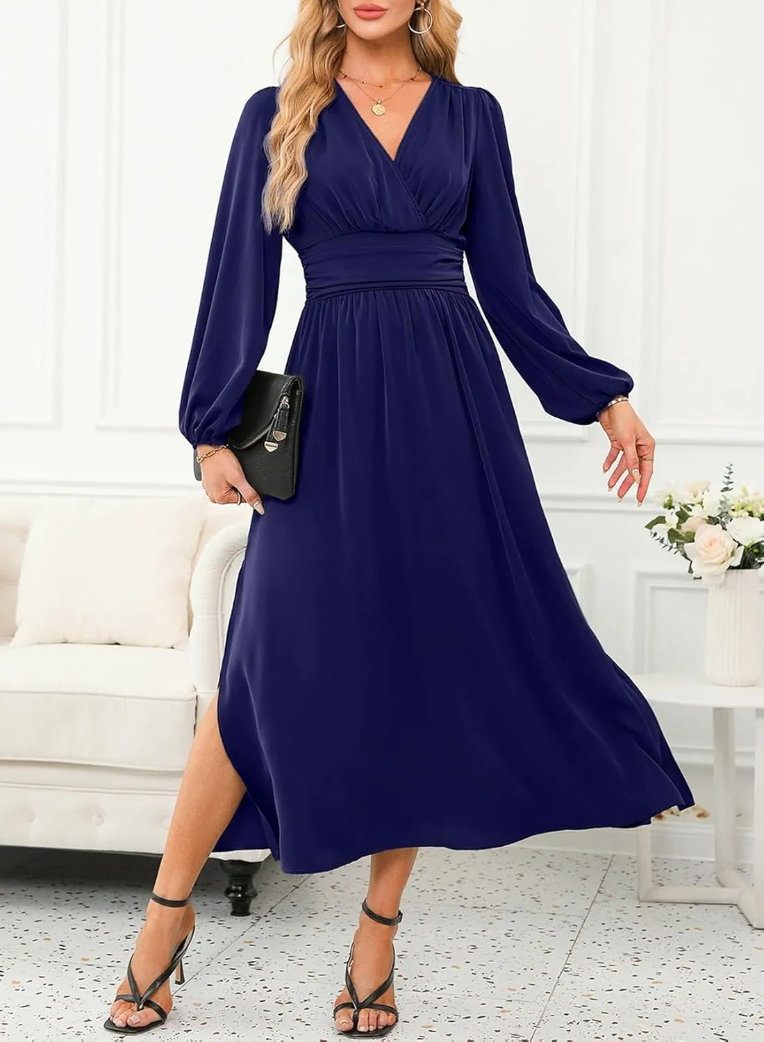 Dokotoo Womens Wrap V-Neck Empire Waist Dress Lantern Sleeve Ruched Side Slit Elegant Maxi Dress