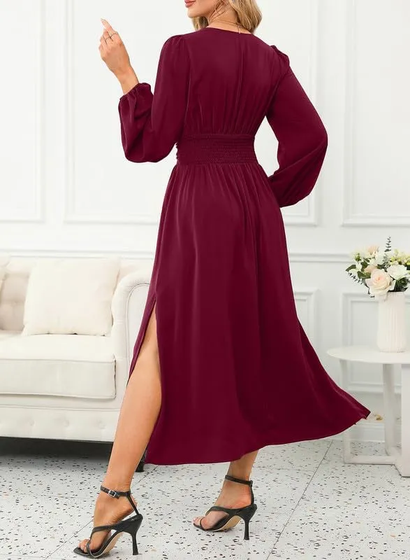 Dokotoo Womens Wrap V-Neck Empire Waist Dress Lantern Sleeve Ruched Side Slit Elegant Maxi Dress