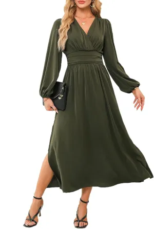 Dokotoo Womens Wrap V-Neck Empire Waist Dress Lantern Sleeve Ruched Side Slit Elegant Maxi Dress