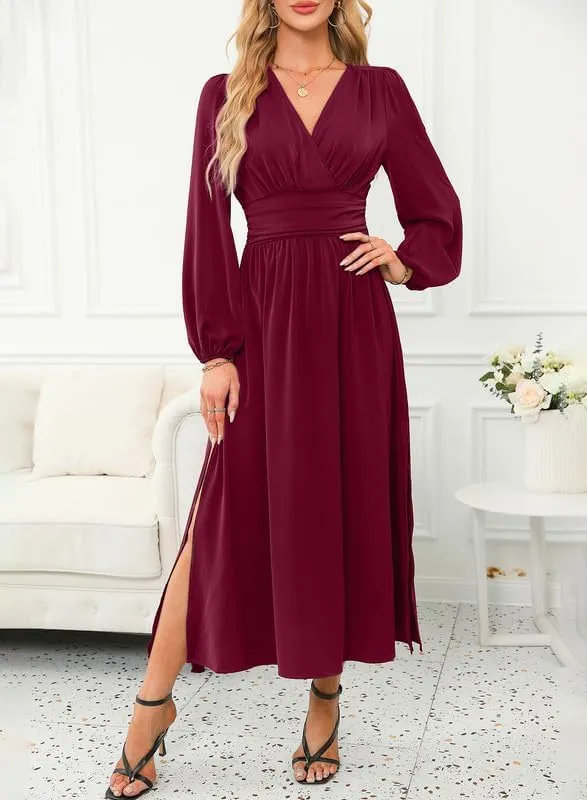 Dokotoo Womens Wrap V-Neck Empire Waist Dress Lantern Sleeve Ruched Side Slit Elegant Maxi Dress