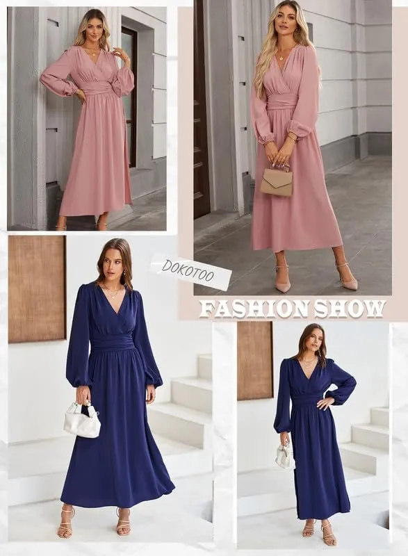 Dokotoo Womens Wrap V-Neck Empire Waist Dress Lantern Sleeve Ruched Side Slit Elegant Maxi Dress