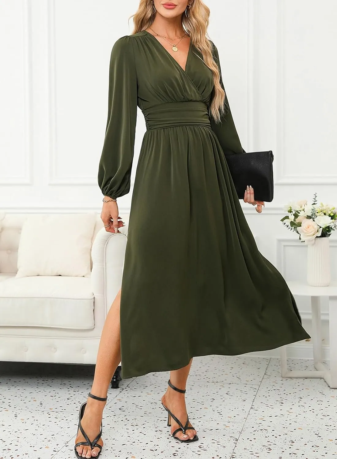Dokotoo Womens Wrap V-Neck Empire Waist Dress Lantern Sleeve Ruched Side Slit Elegant Maxi Dress