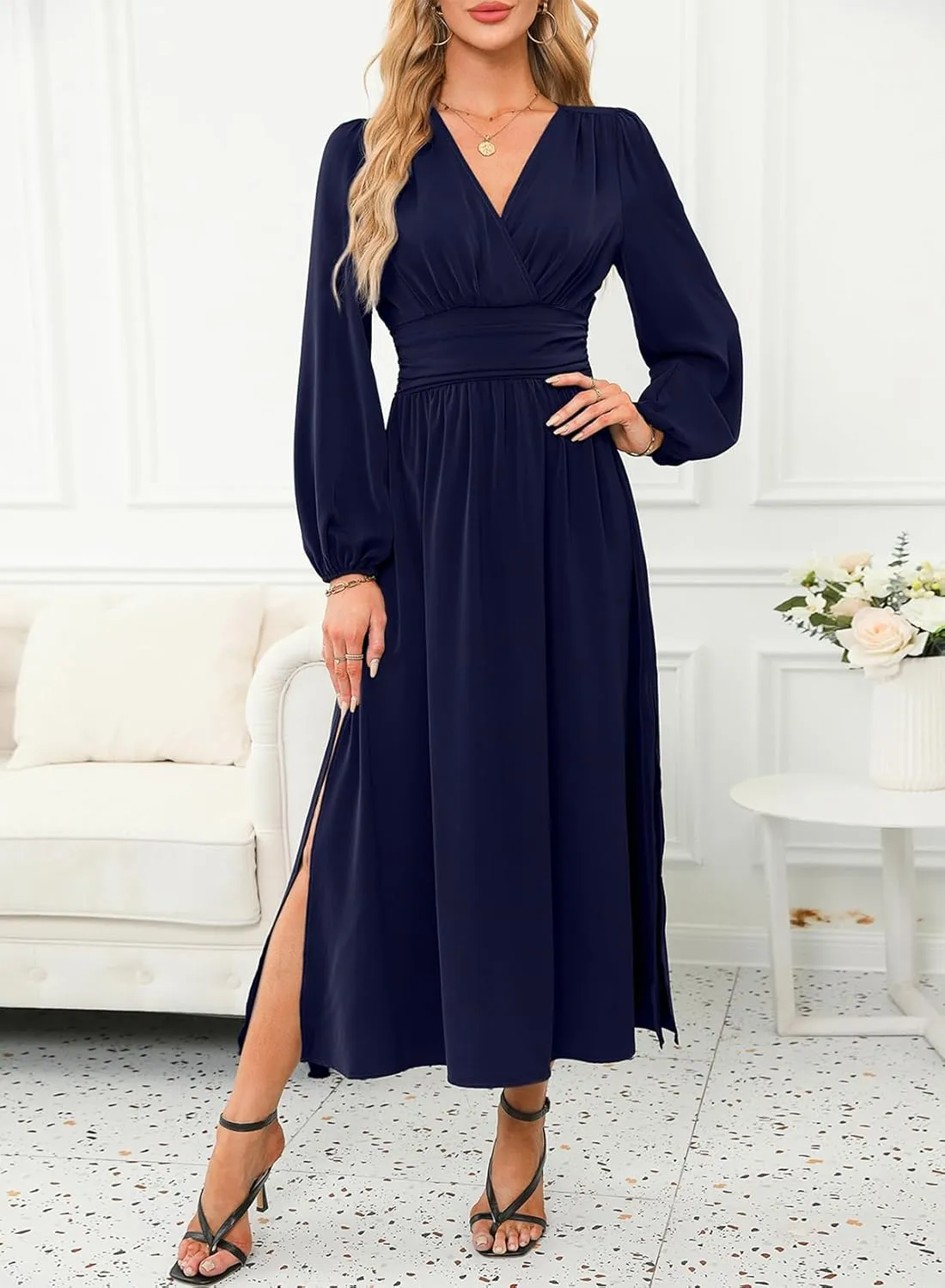 Dokotoo Womens Wrap V-Neck Empire Waist Dress Lantern Sleeve Ruched Side Slit Elegant Maxi Dress