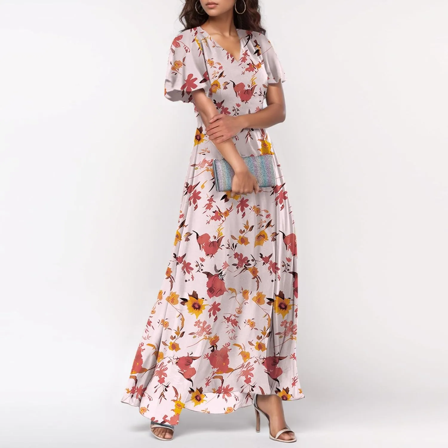 Dresses for Church Women 2025 Maxi Dress Summer Wrap Floral Ruffle Sleeve Chiffon Wedding Dress Boho