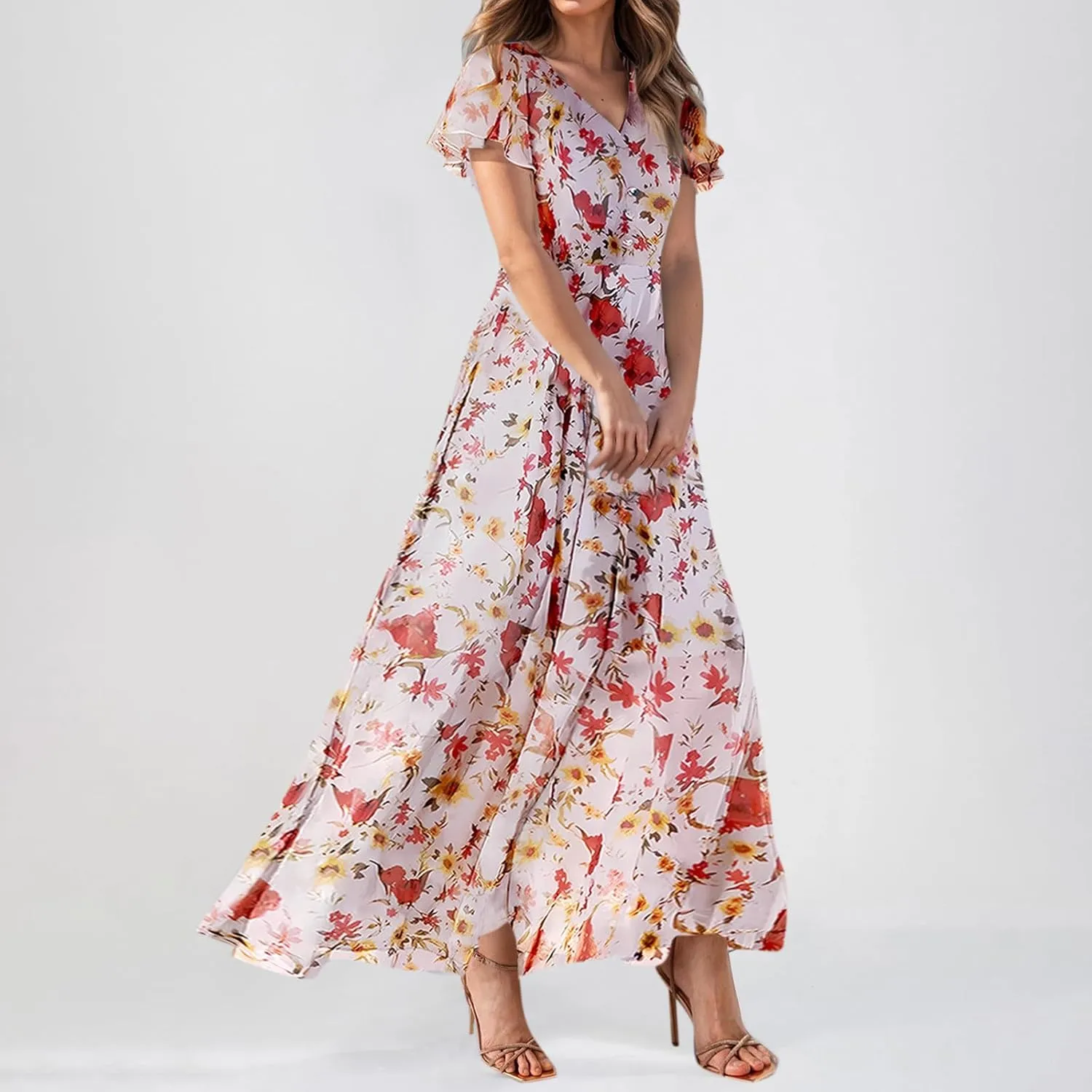 Dresses for Church Women 2025 Maxi Dress Summer Wrap Floral Ruffle Sleeve Chiffon Wedding Dress Boho