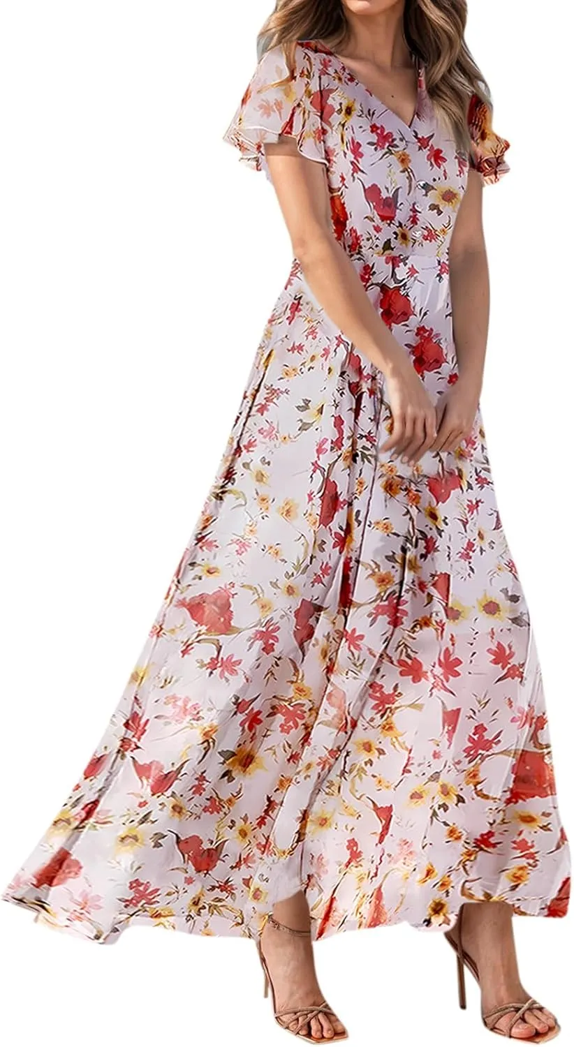 Dresses for Church Women 2025 Maxi Dress Summer Wrap Floral Ruffle Sleeve Chiffon Wedding Dress Boho