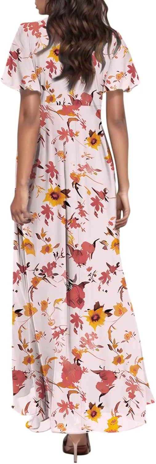 Dresses for Church Women 2025 Maxi Dress Summer Wrap Floral Ruffle Sleeve Chiffon Wedding Dress Boho