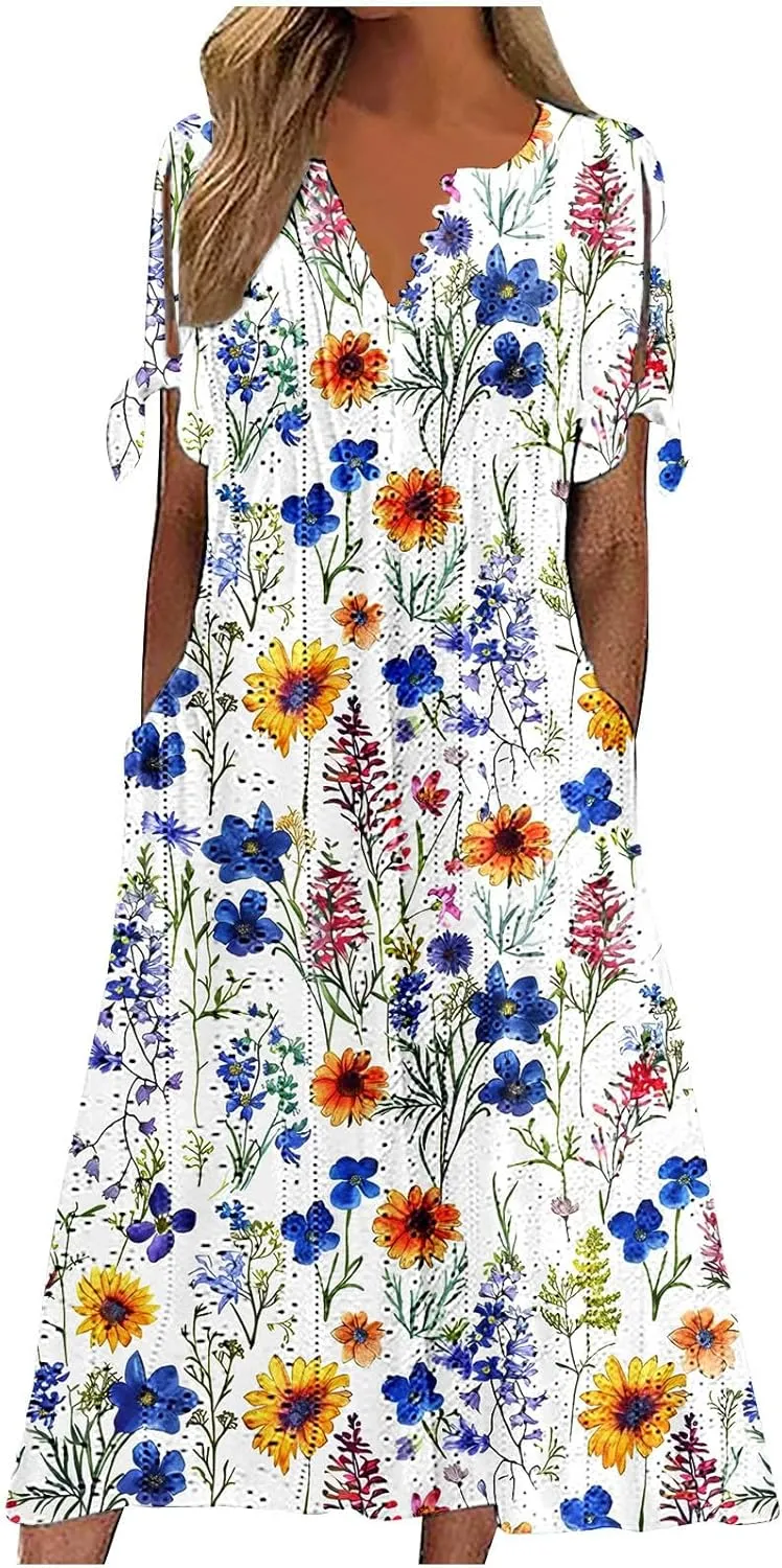 Dresses for Women Boho Eyelet Button V Neck Tie Knot Short Sleeve Dress Flowy Beach Vacation Midi Dress with Pocket
