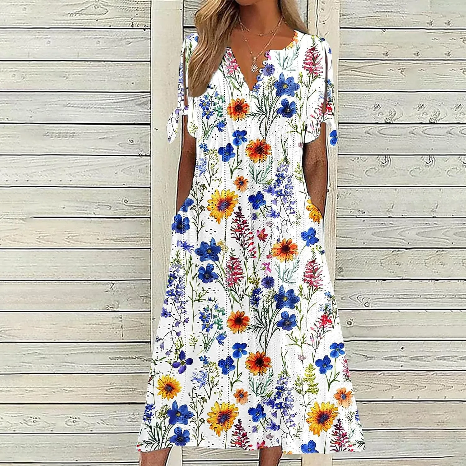 Dresses for Women Boho Eyelet Button V Neck Tie Knot Short Sleeve Dress Flowy Beach Vacation Midi Dress with Pocket