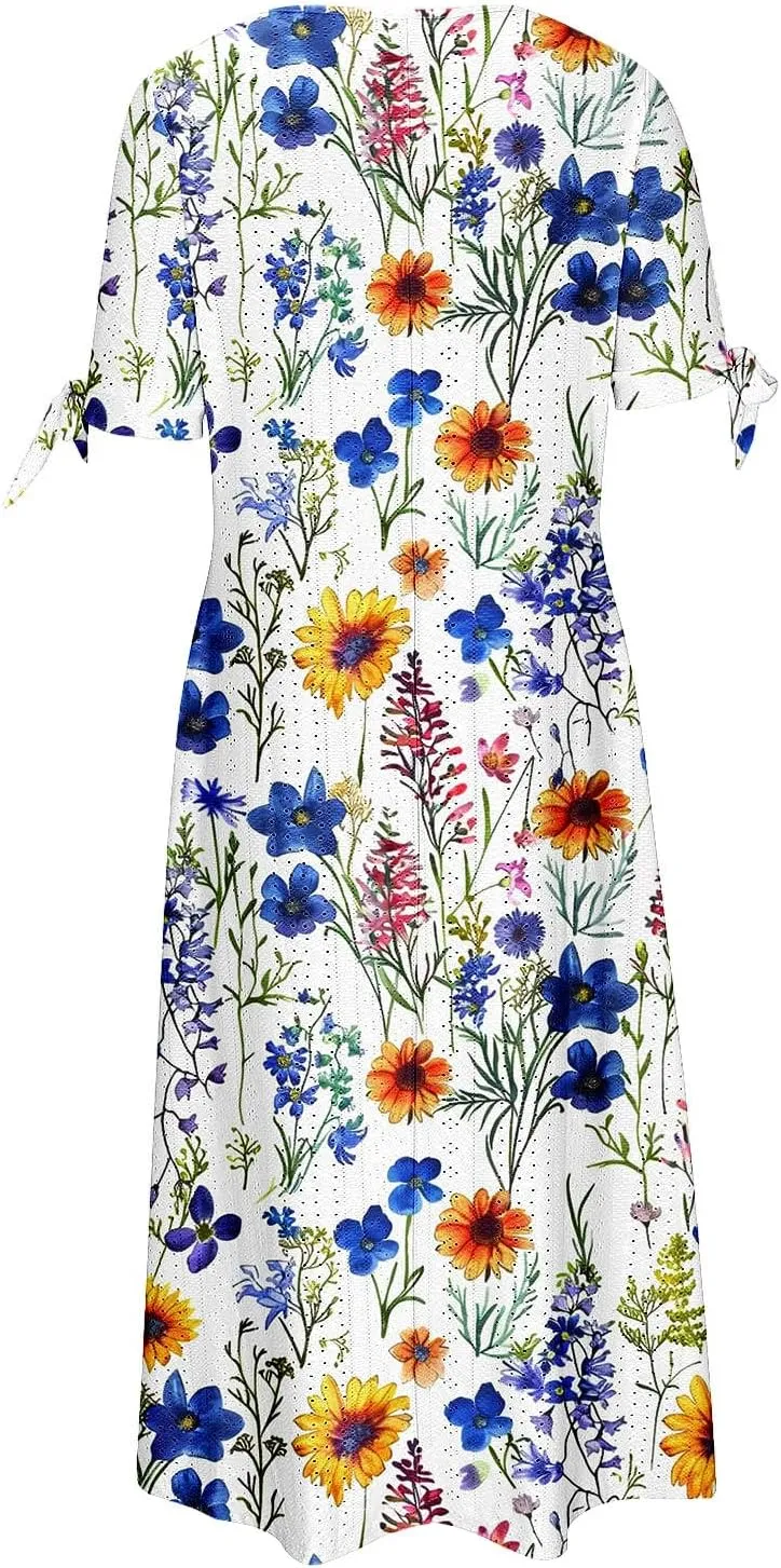 Dresses for Women Boho Eyelet Button V Neck Tie Knot Short Sleeve Dress Flowy Beach Vacation Midi Dress with Pocket