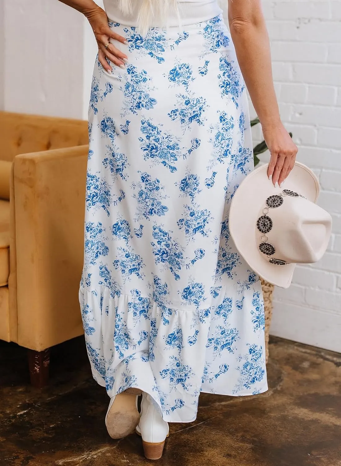 EARKOHA Women's 2025 Casual Boho Skirt Sky Blue Boho Floral High Waist Ruffle Split Maxi Skirt