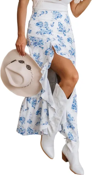 EARKOHA Women's 2025 Casual Boho Skirt Sky Blue Boho Floral High Waist Ruffle Split Maxi Skirt