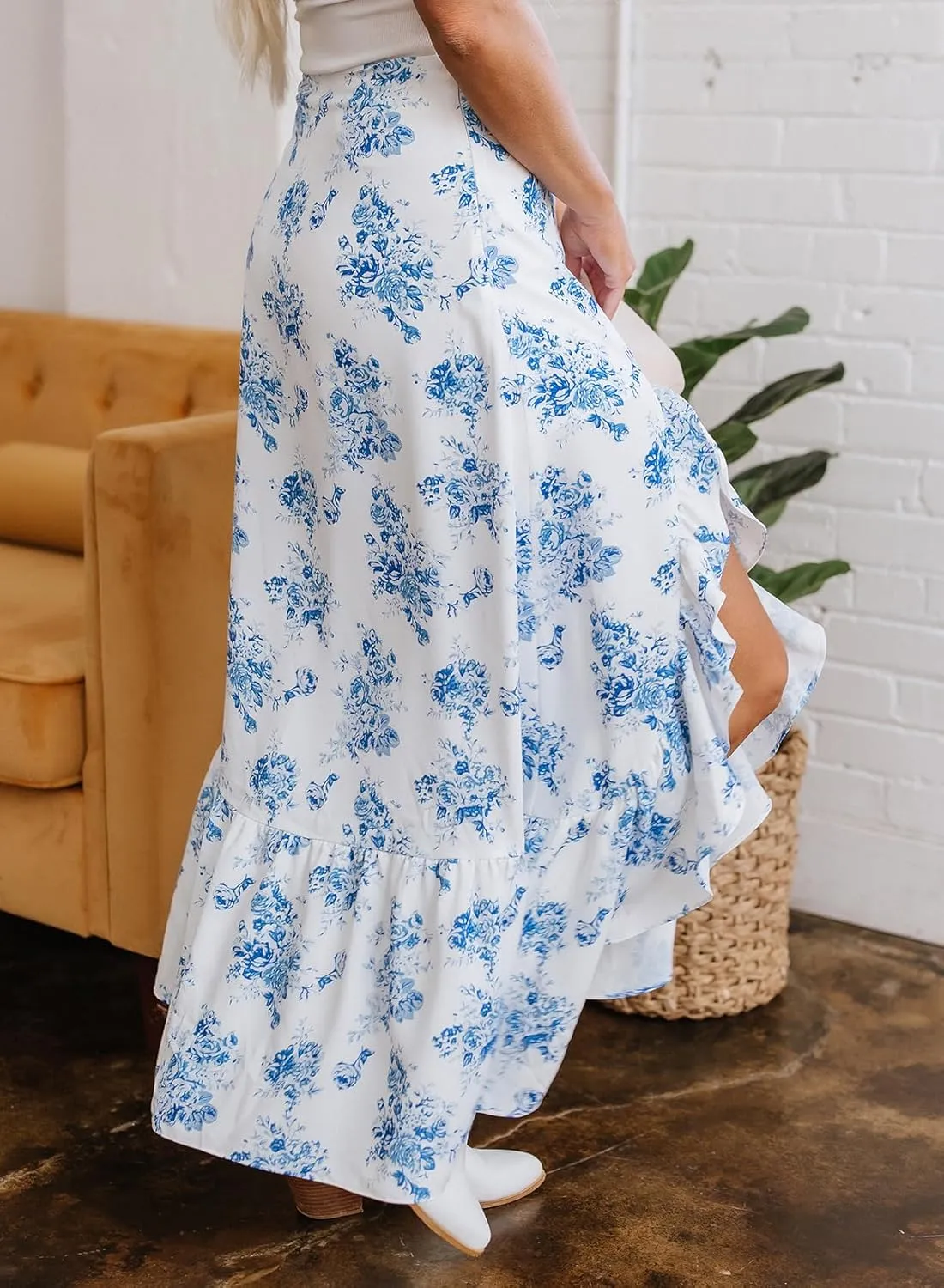EARKOHA Women's 2025 Casual Boho Skirt Sky Blue Boho Floral High Waist Ruffle Split Maxi Skirt