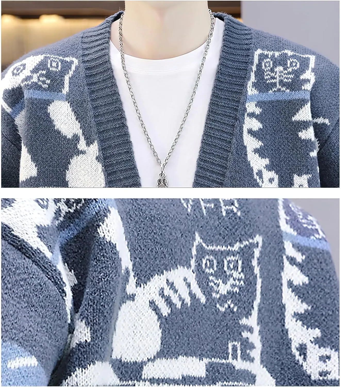 ebossy Men's Open Front Cat Pattern Jacquard Cardigan Sweater Button Down Long Sleeve Knit Coat Outwear